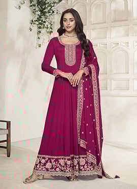 Red Chinon Embroidered Sequins Anarkali Suit