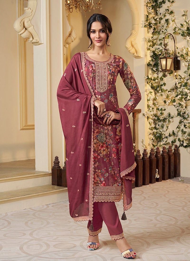 Red Chinon Embroidered Sequins Digital Print Straight Pant Suit Festive Wear