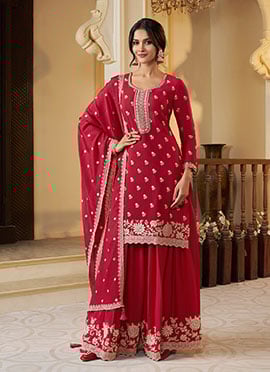 Red Chinon Embroidered Sequins Palazzo Suit