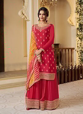 Red Chinon Embroidered Sequins Palazzo Suit