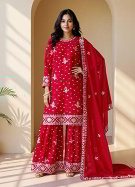 Red Chinon Embroidered Sequins Sharara Suit