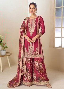 Red Chinon Floral Digital Print Zari Embroidered Sequins With Mirror Work Palazzo Suit