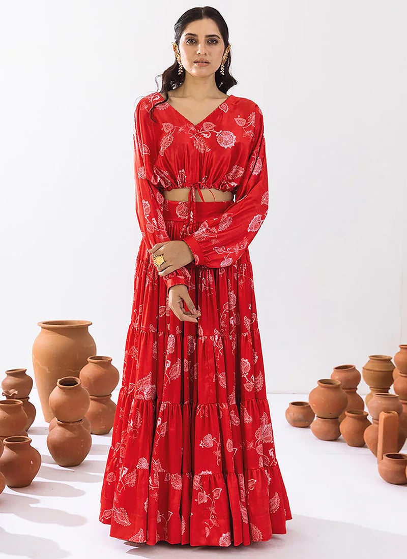 Red Chinon Floral Print Indowestern Skirt Set After Six Wear