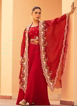 Red Chinon Hand Embroidered With Sequins Cap Style Indowestern Palazzo Suits