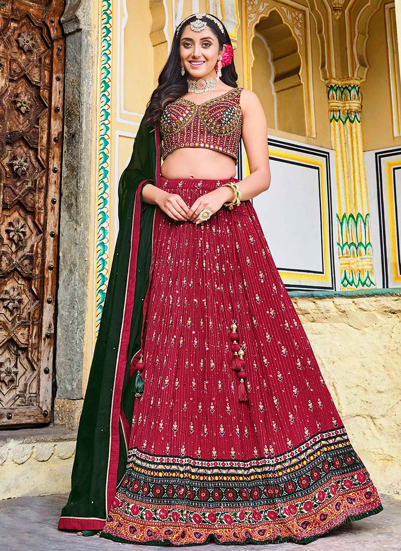 Red Chinon Printed Embroidered Sequins Lehenga For Regal Style Wedding Wear-GHSCC48601104
