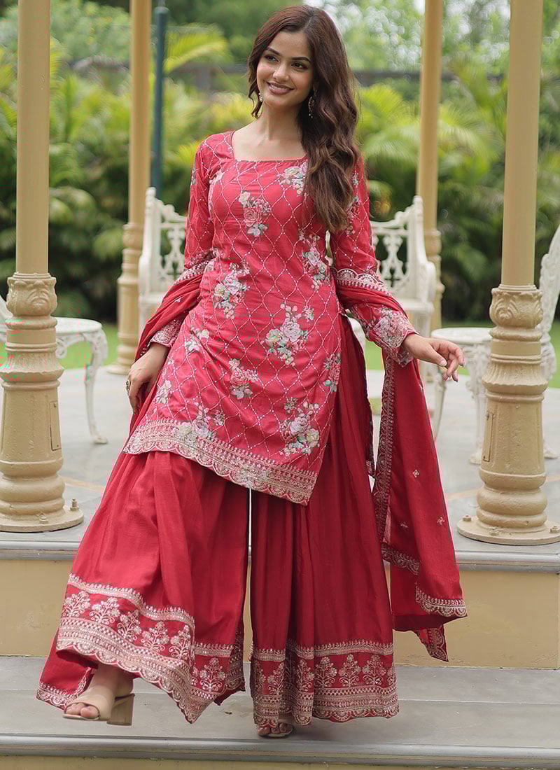 Red Chinon Printed Embroidered Sequins Palazzo Suit Festive Wear