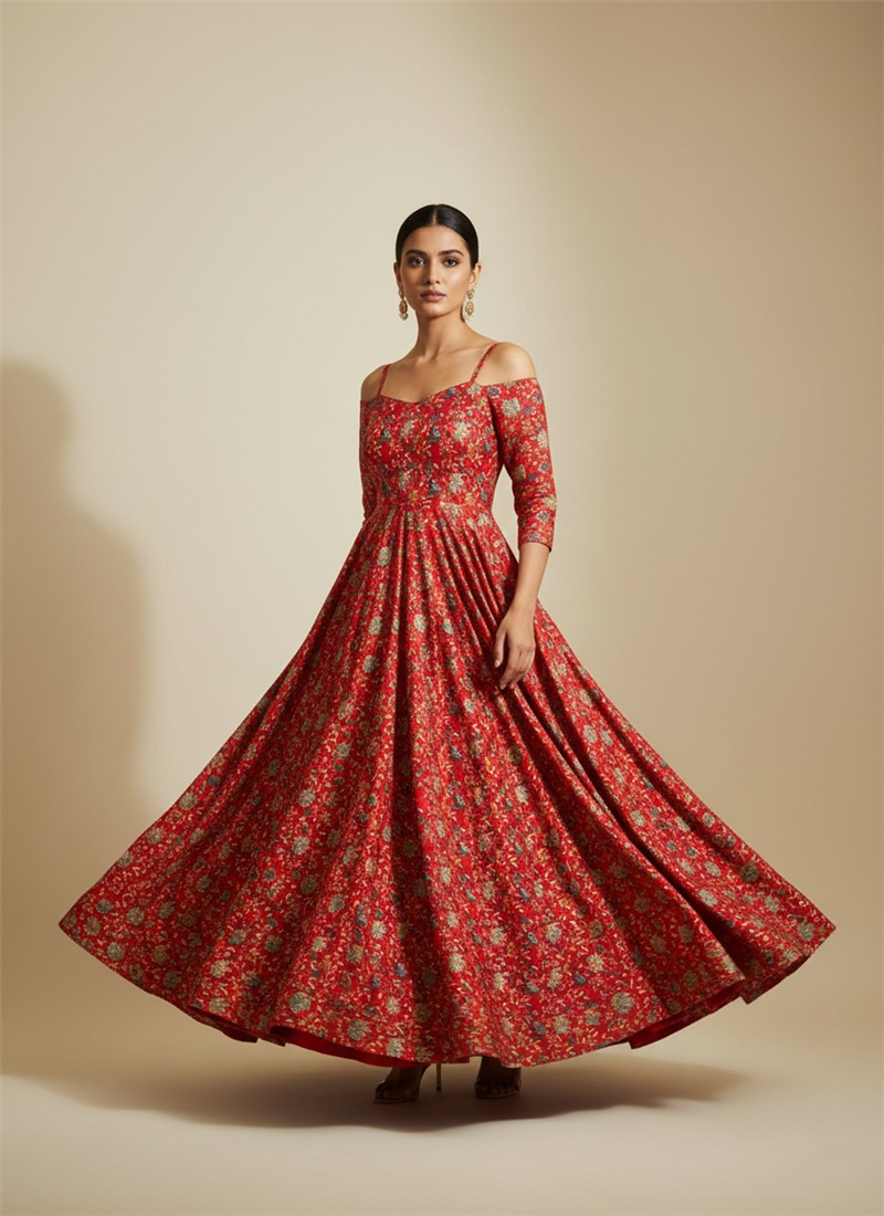 Red Chinon Printed Maxi Dres Party Wear