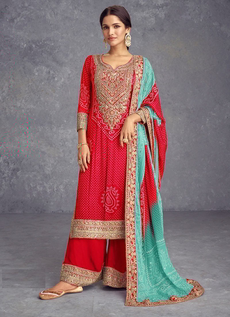 Red Chinon Silk Bandhini Print Embroidered Sequins Palazzo Suit Festive Wear