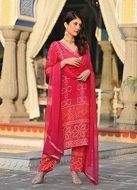 Red Chinon Silk Bandhini Print Sequins Straight Pant Suit