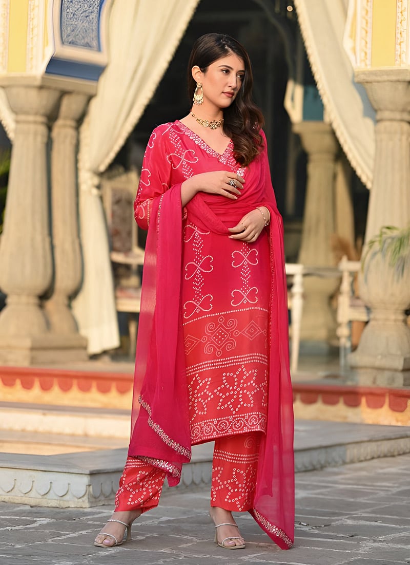 Red Chinon Silk Bandhini Print Sequins Straight Pant Suit After Six Wear