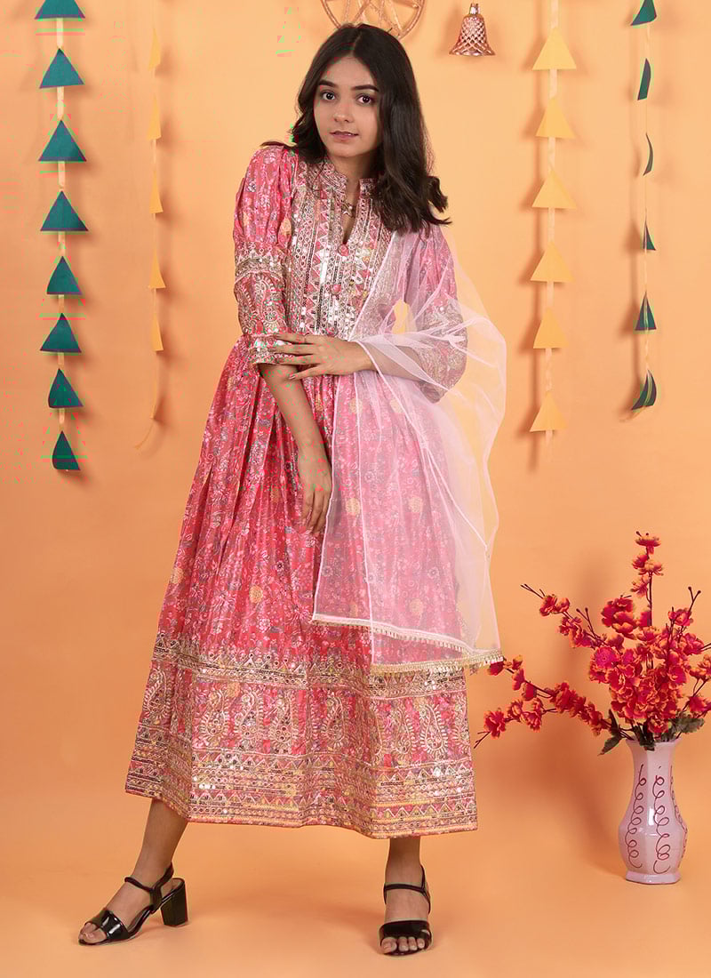 Red Chinon Silk Digital Print Embroidered Sequins Kids Girls Anarkali Suit Festive Wear