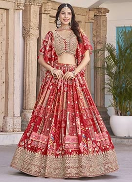 Red Chinon Silk Digital Print Zari Embroidered Lehenga Wedding Wear