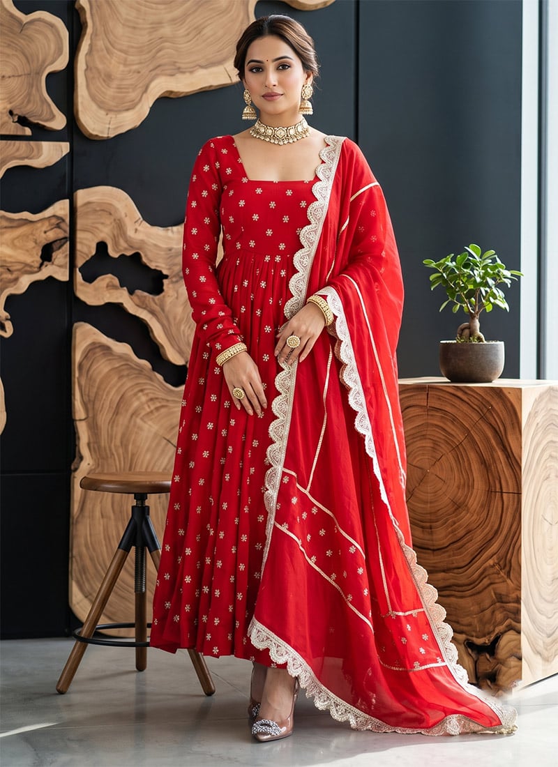 Red Chinon Silk Embroidered Anarkali Straight Pant Suit After Six Wear