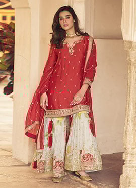 Red Chinon Silk Embroidered Palazzo Suit