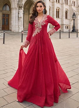 Red Chinon Silk Embroidered Sequins Mirror Work Anarkali Suit