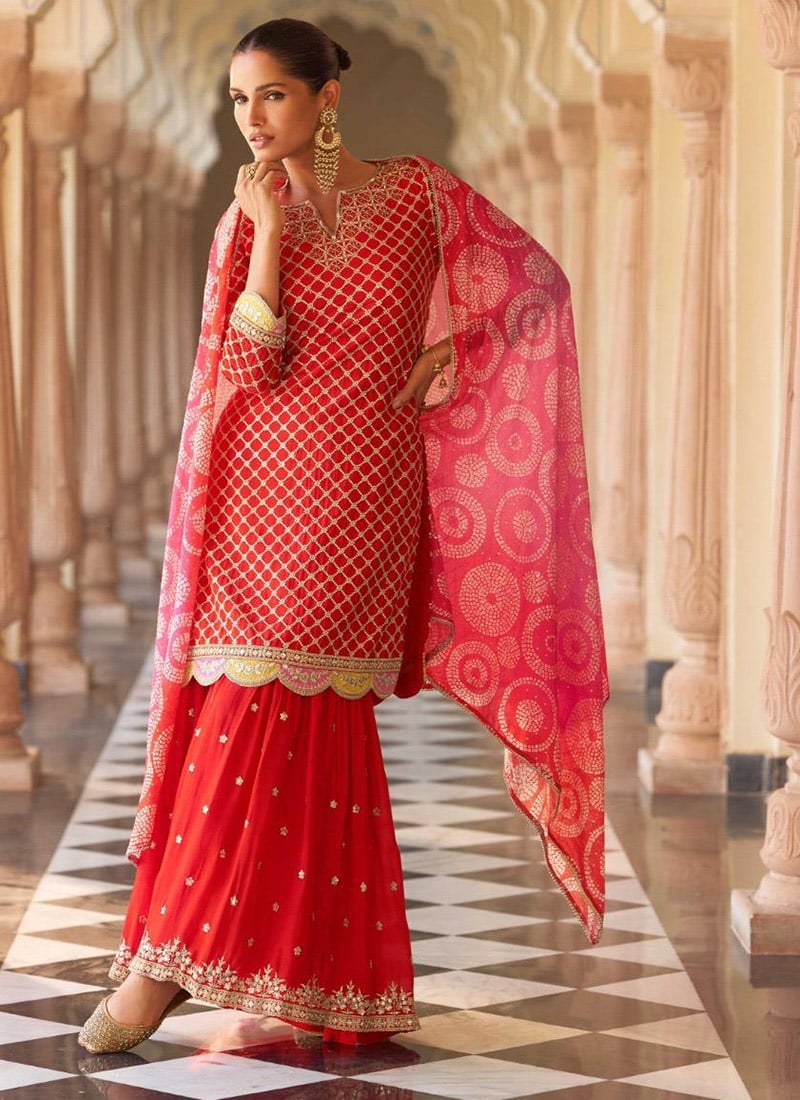 Red Chinon Silk Embroidered Sequins Mirror Work Printed Sharara Suit Festive Wear