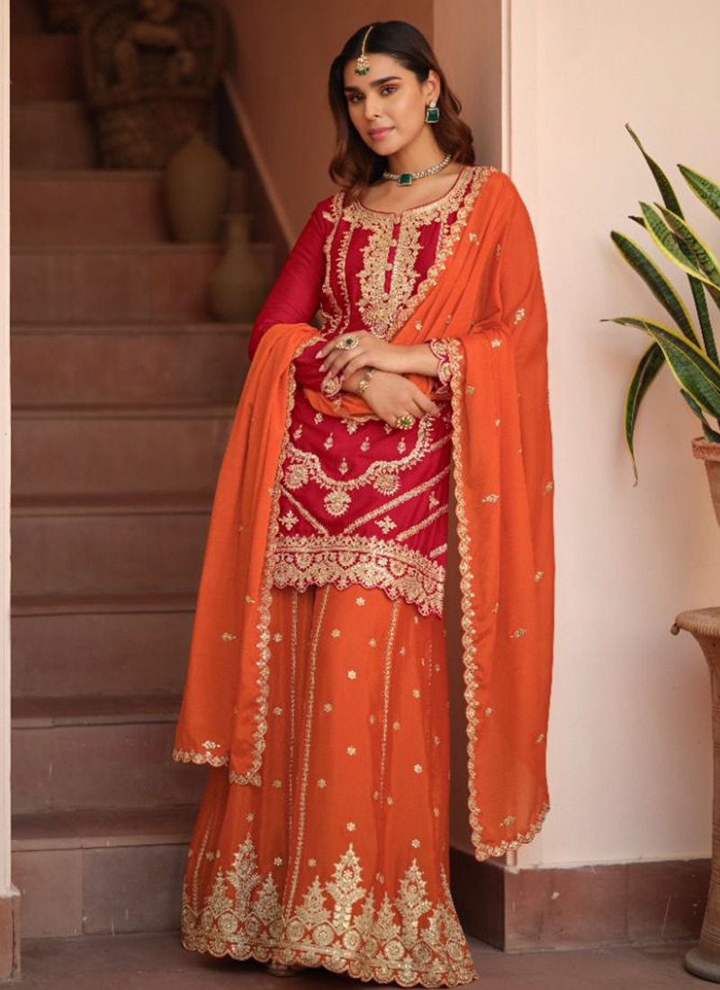 Red Chinon Silk Embroidered Sequins Palazzo Suit Festive Wear