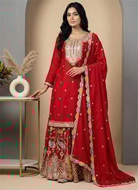 Red Chinon Silk Embroidered Sequins Palazzo Suit