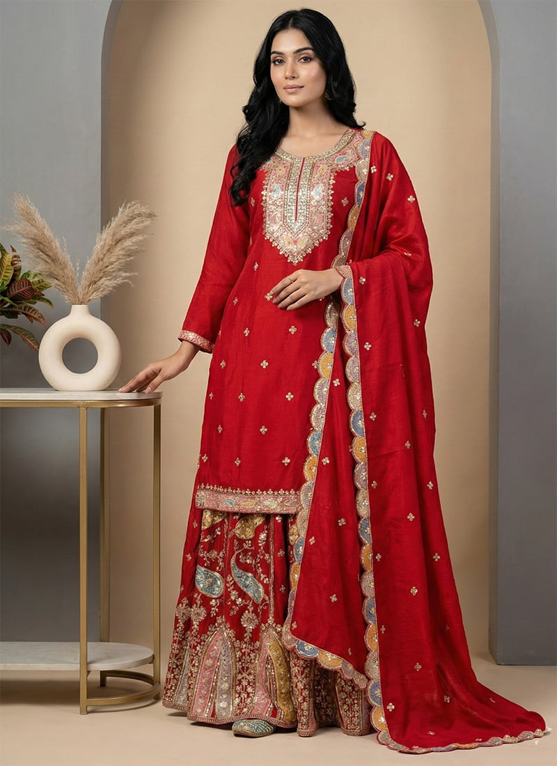 Red Chinon Silk Embroidered Sequins Palazzo Suit Festive Wear