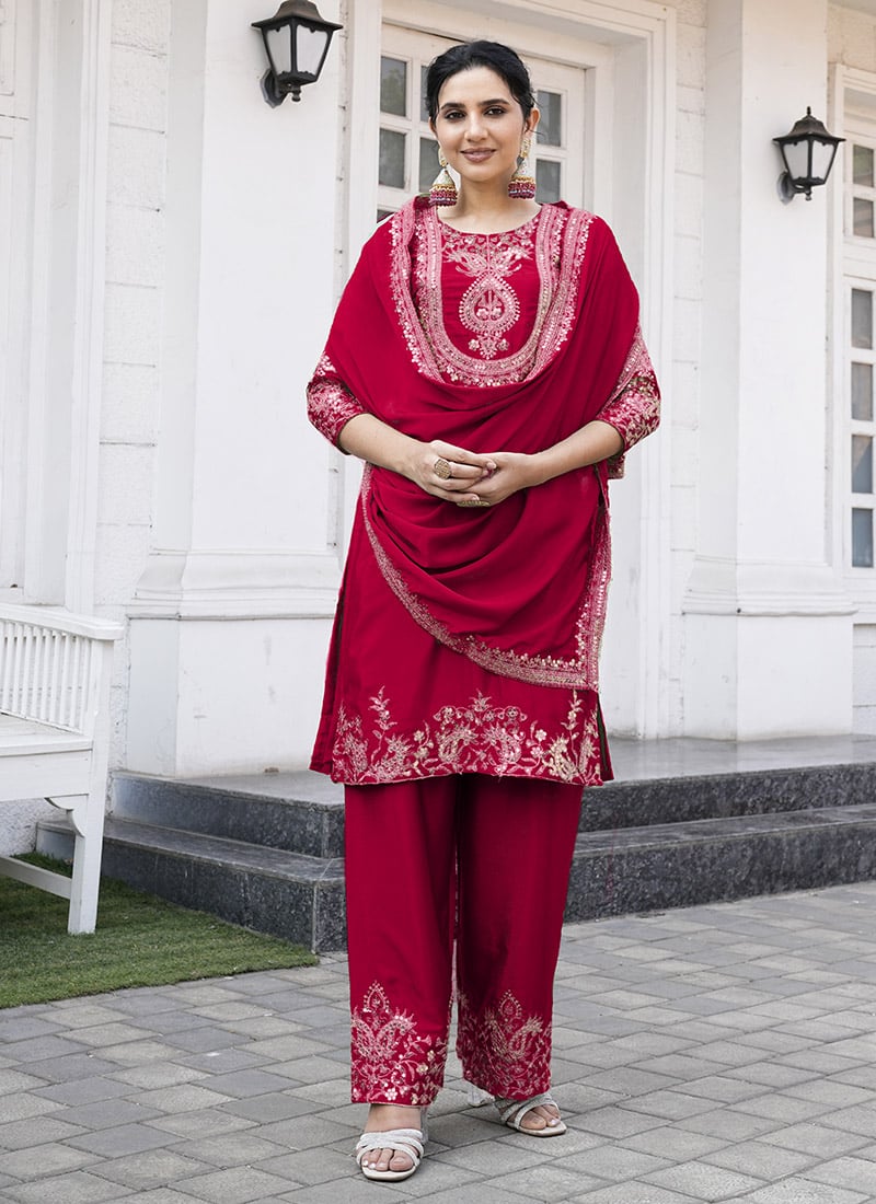 Red Chinon Silk Embroidered Sequins Straight Pant Suit Festive Wear