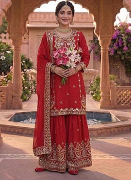 Red Chinon Silk Embroidered Sharara Suit