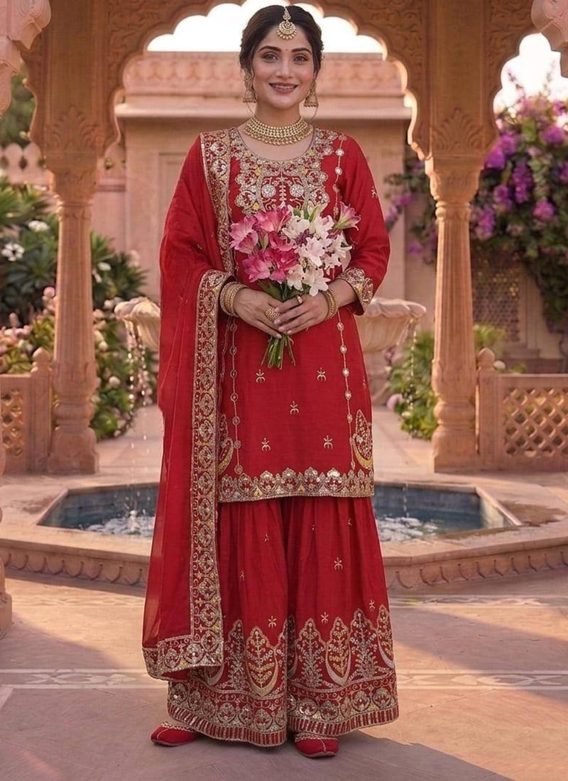 Red Chinon Silk Embroidered Sharara Suit After Six Wear