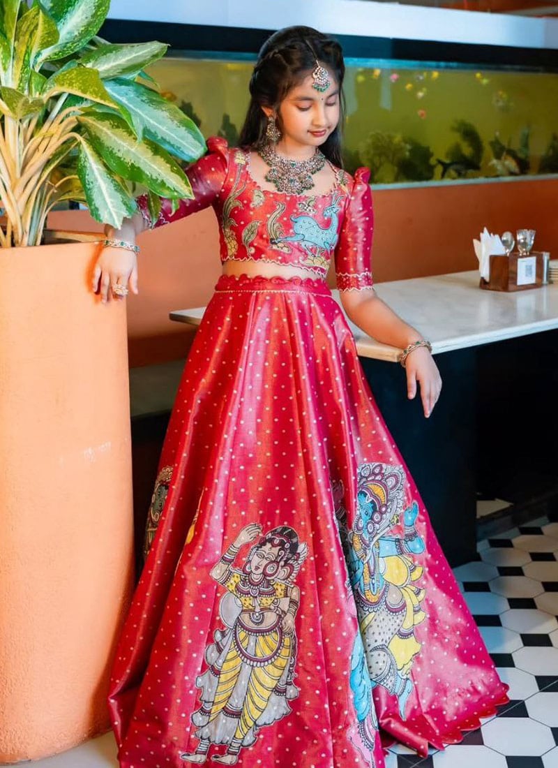Red Chinon Silk Embroidery Digital Print Lehenga For Kids Girls  Festive Wear