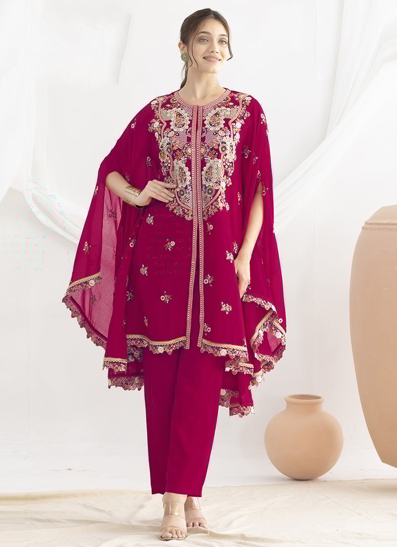 Red Chinon Silk Floral Embroidered Sequin Work Indowestern Kaftan Set Festive Wear