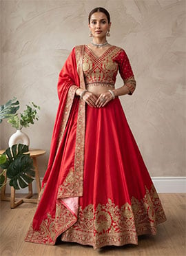 Red Chinon Silk Golden Thread Embroidered Sequins Lehenga