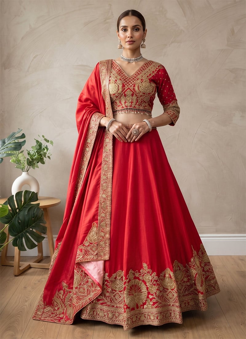Red Chinon Silk Golden Thread Embroidered Sequins Lehenga Wedding Wear
