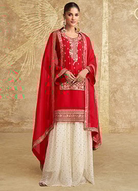 Red Chinon Silk Gota Embroidered Sequins Palazzo Suit