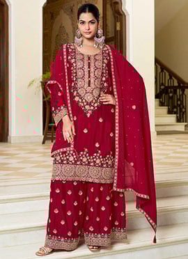 Red Chinon Silk Hand Embroidered Sequins Pakistani Palazzo Suit