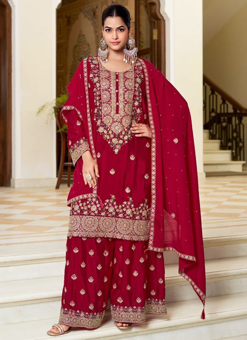 Red Chinon Silk Hand Embroidered Sequins Pakistani Palazzo Suit Festive Wear