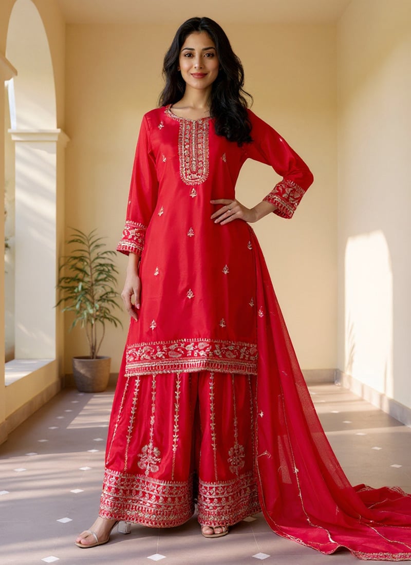 Red Chinon Silk Palazzo Suit With Embroidery Zari And Sequins Festive Wear