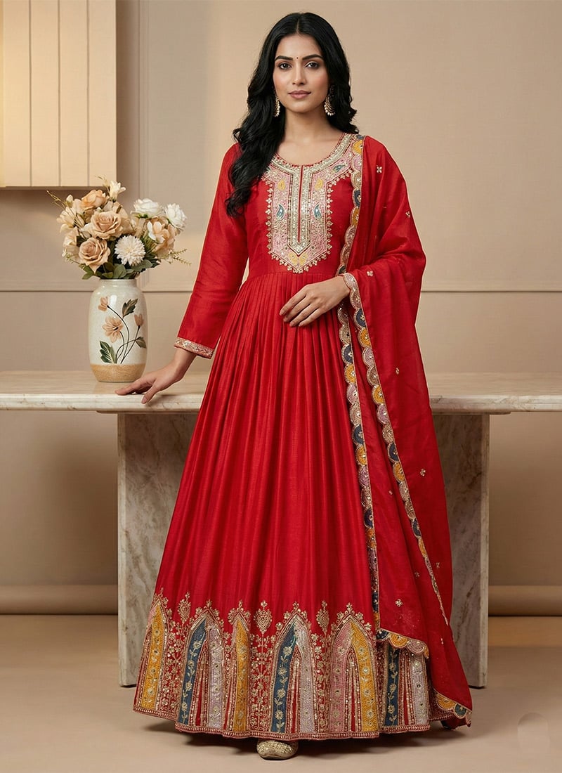 Red Chinon Silk Sequins Embroidered Thread Anarkali Suit Festive Wear