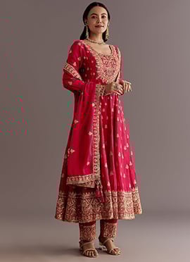 Red Chinon Silk Thread Sequins Anarkali Suit