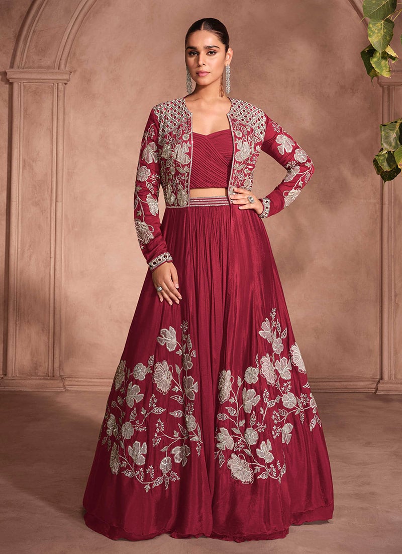 Red Chinon Silk Zari Embroidered Sequins Indowestern Jacket Lehenga Set Wedding Wear