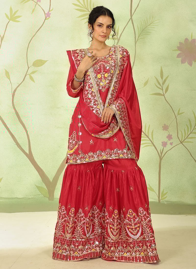 Red Chinon Silk Zari Embroidered Sequins Sharara Suit Festive Wear