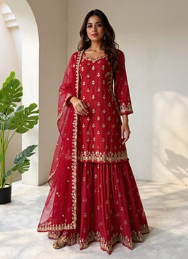 Red Chinon Silk Zari Embroidered Sequins Sharara Suit