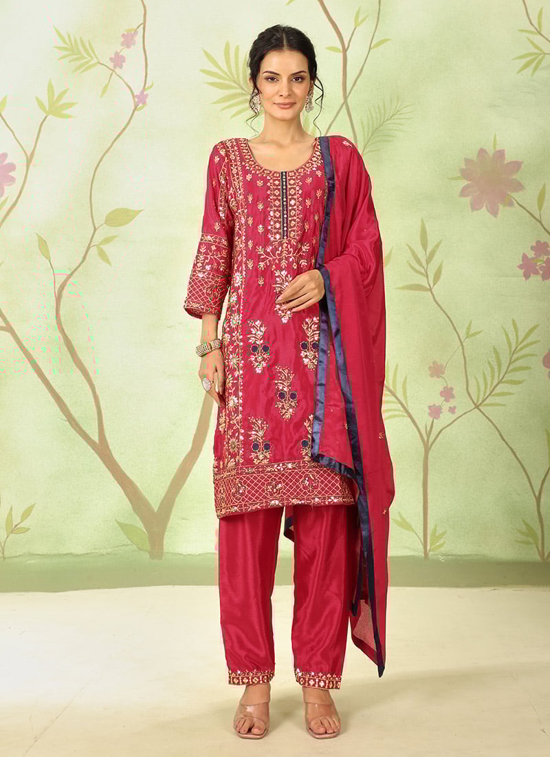 Red Chinon Silk Zari Embroidered Sequins Straight Pant Suit Festive Wear