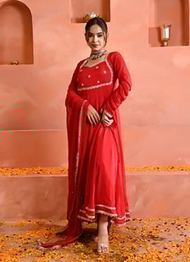 Red Chinon Zardosi Hand Work Anarkali Suit