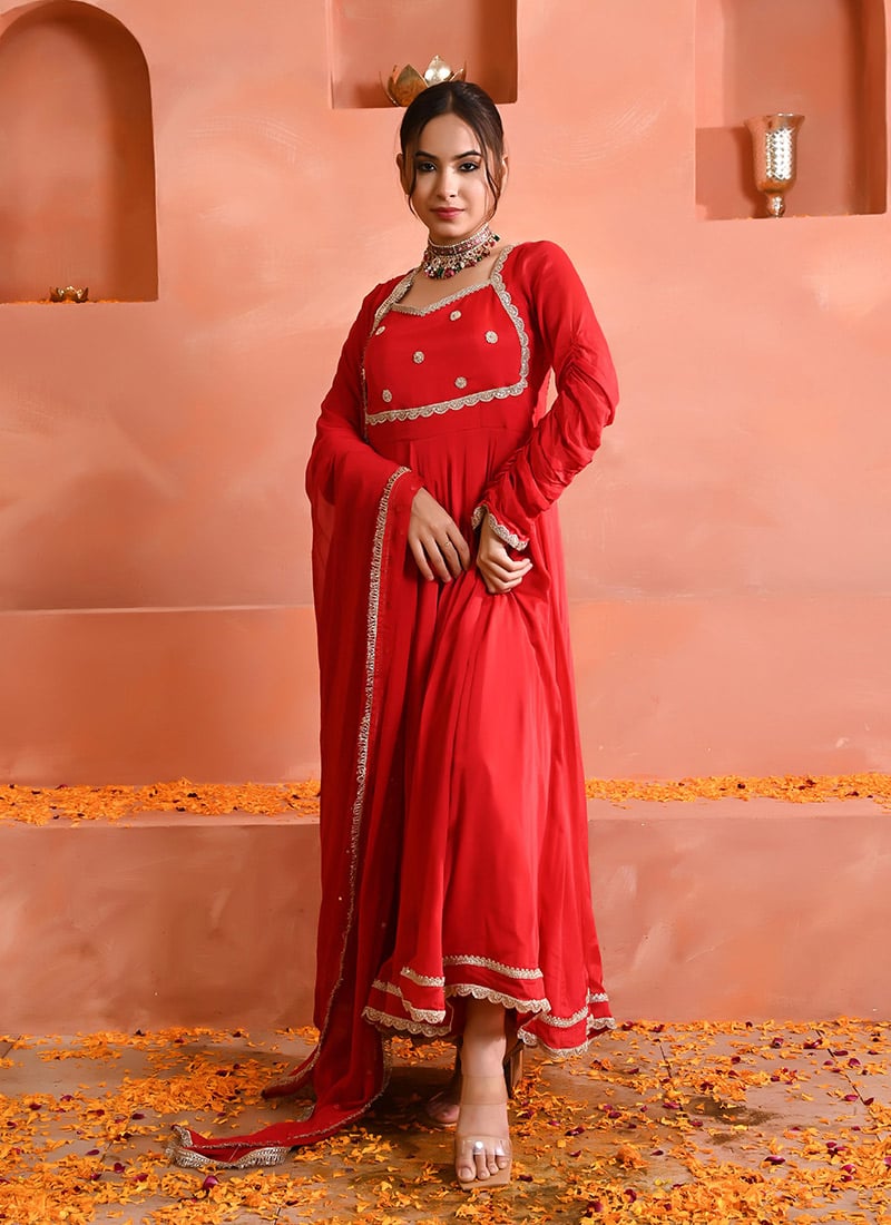 Red Chinon Zardosi Hand Work Anarkali Suit Festive Wear