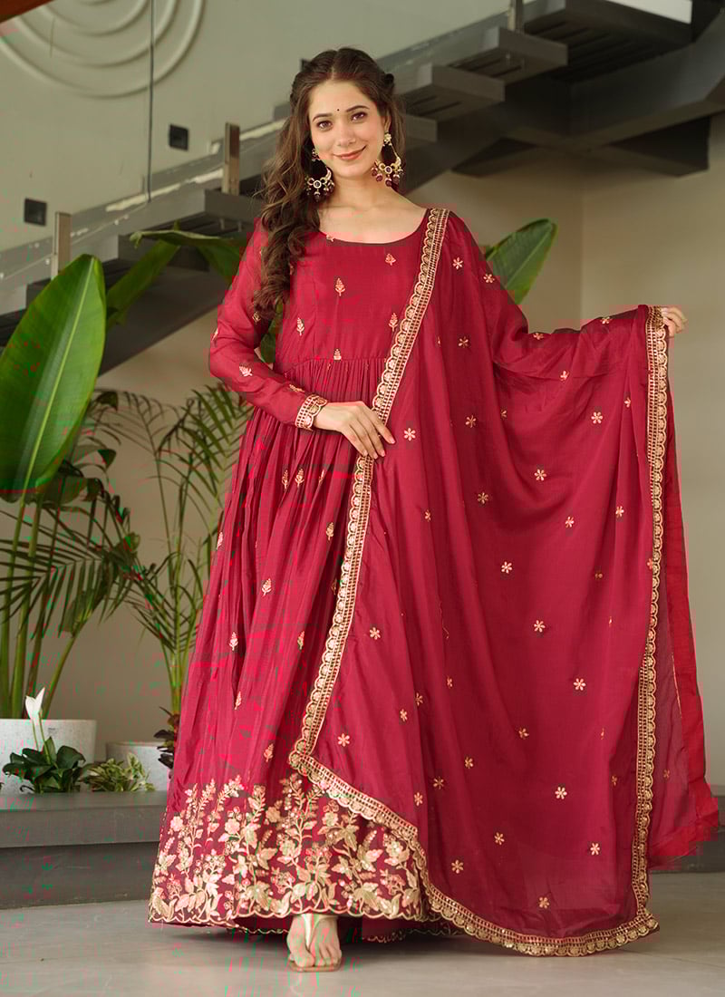 Red Chinon Zari Embroidered Sequins Anarkali Suit