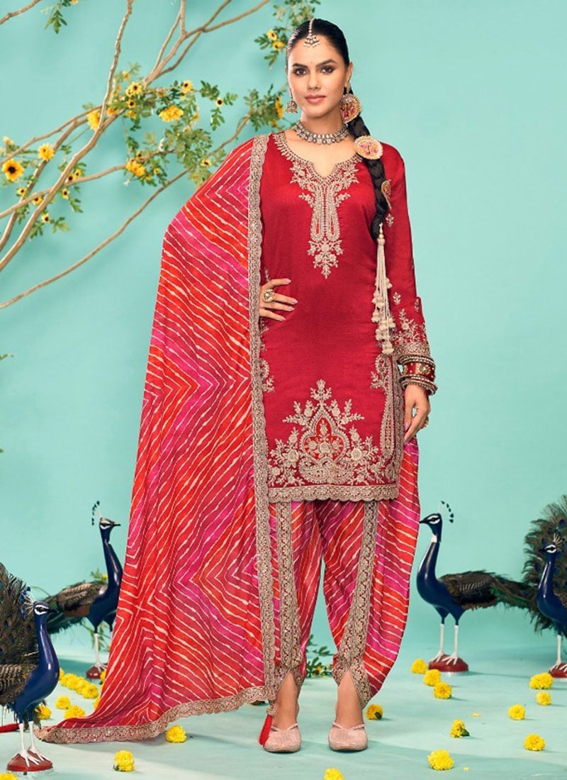 Red Chinon Zari Embroidered Sequins Dhoti Salwar Suit Festive Wear