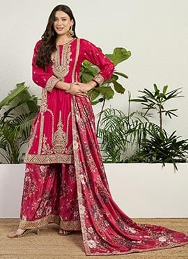 Red Chinon Zari Embroidered Sequins Digital Print Palazzo Suit