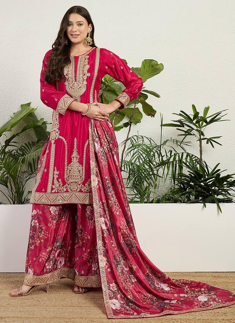 Red Chinon Zari Embroidered Sequins Digital Print Palazzo Suit Festive Wear