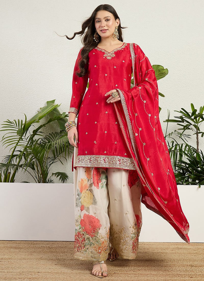 Red Chinon Zari Embroidered Sequins Digital Print Palazzo Suit Festive Wear