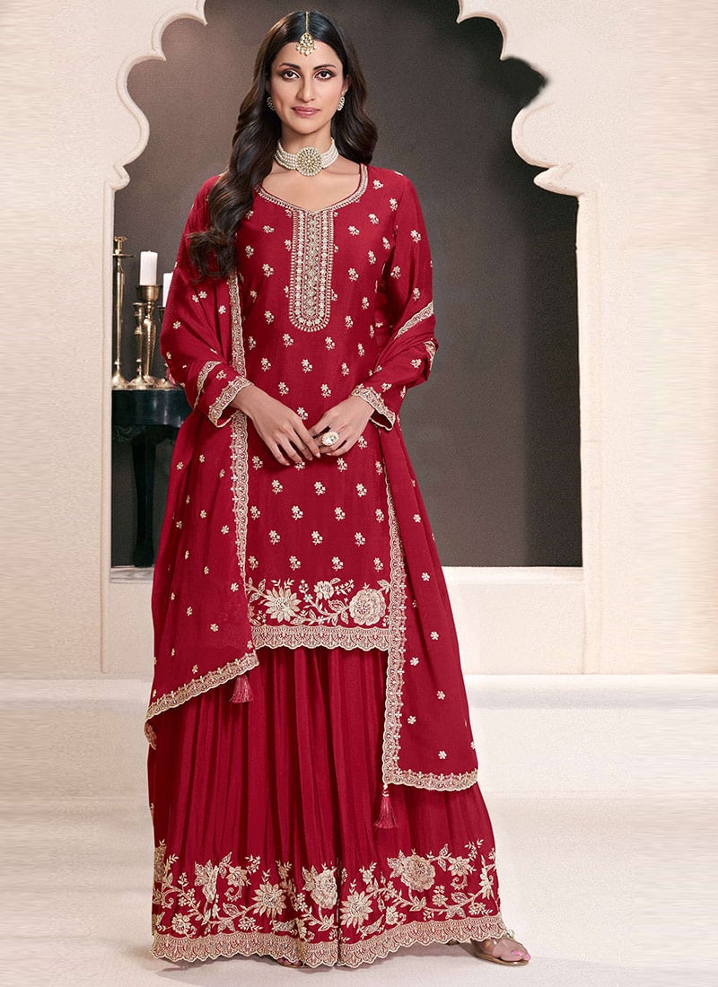Red Chinon Zari Embroidered Sequins Palazzo Suit Festive Wear