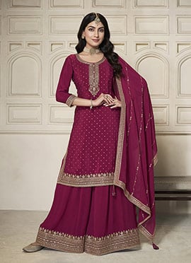 Red Chinon Zari Embroidered Sequins Palazzo Suit