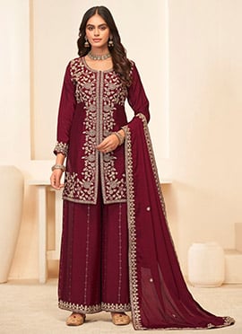 Red Chinon Zari Embroidered Sequins With Stone Work High Slit Palazzo Suit